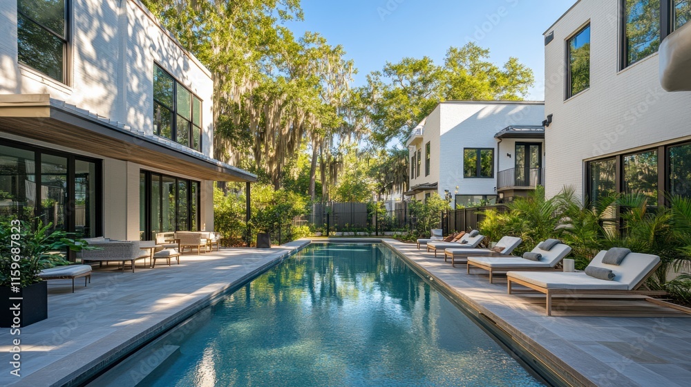 Fototapeta premium piscine d'une maison de ville moderne de luxe en briques blanches à Savannah, en Géorgie, avec vue sur les chênes vivants, la mousse espagnole et les palmiers