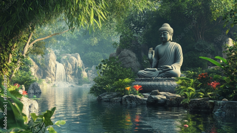 Buddha statue on a lake surrounded by nature