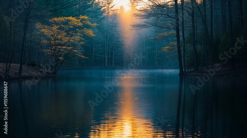 Wallpaper Mural Sunrise Golden Light Illuminates Serene Forest Lake Torontodigital.ca