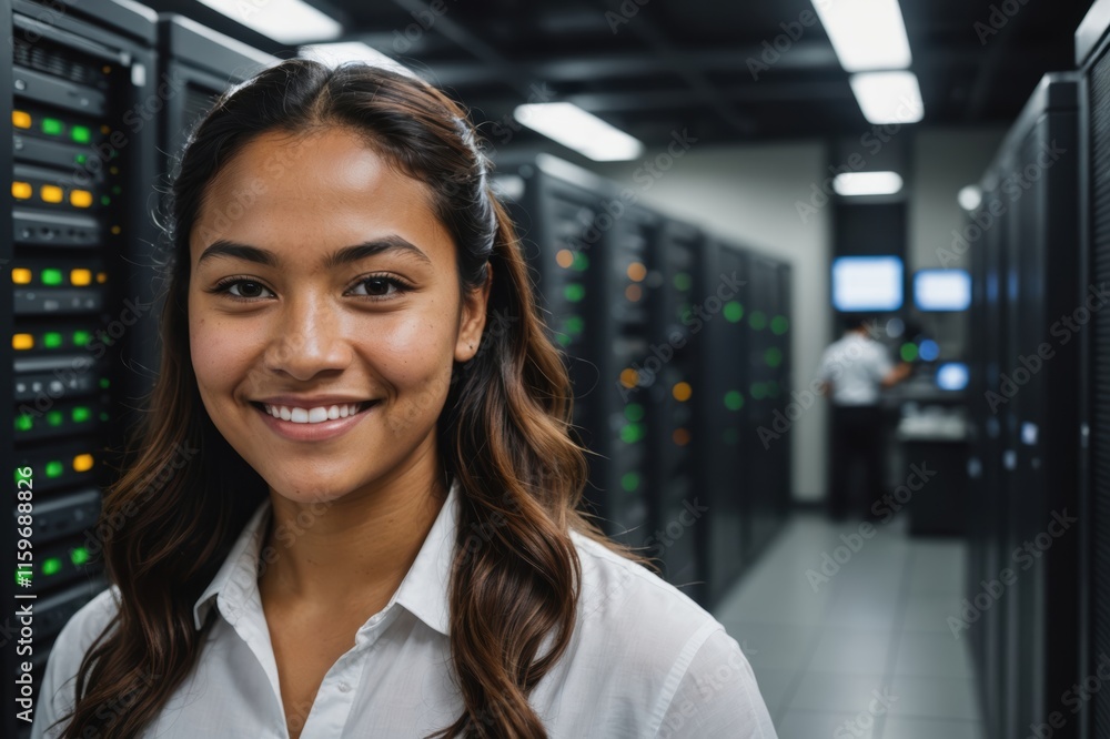 Fototapeta premium Close portrait of a smiling young Samoan female IT worker looking at the camera, against dark server room blurred background.