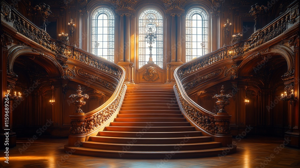 Obraz premium Grand Wooden Staircase In An Ornate Palace