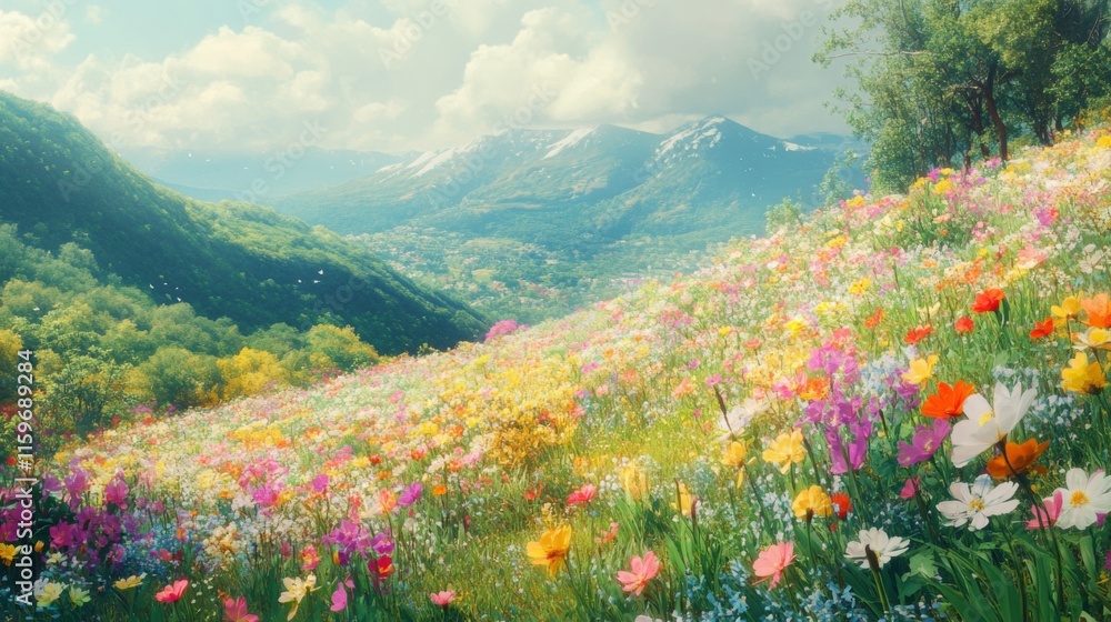 Obraz premium Colorful wildflowers bloom on a hillside overlooking mountains