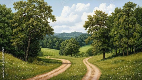 Scenic landscape pathway through lush green fields serene nature setting tranquil viewpoint scenic beauty