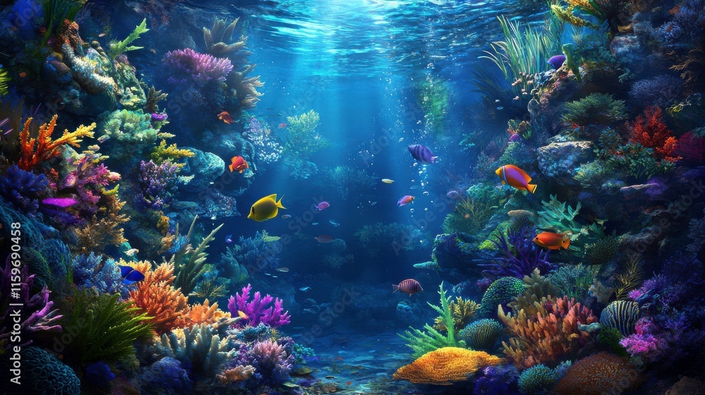 Fototapeta premium Vibrant Coral Reef Underwater Scene with Soft Lighting