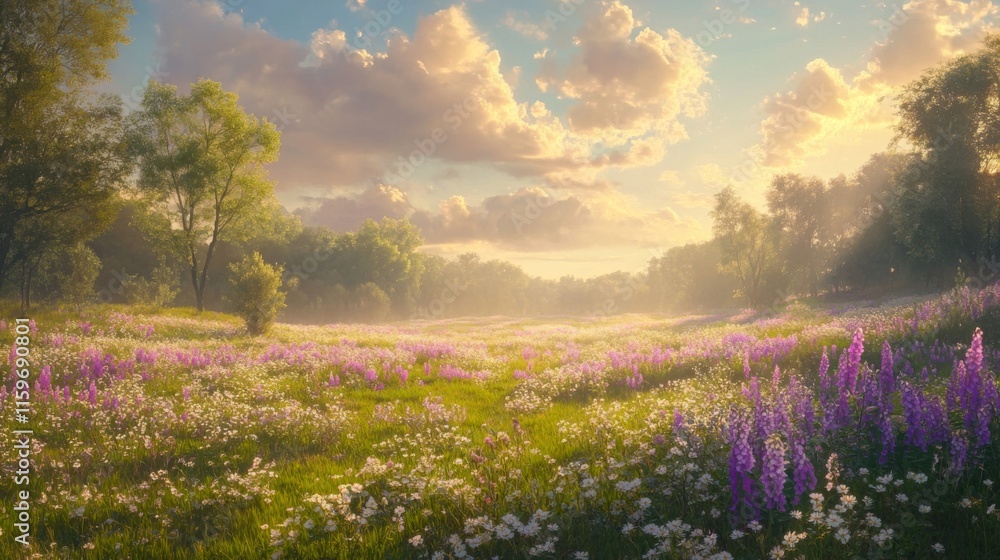 Fototapeta premium Serene Sunrise Over a Field of Blooming Wildflowers
