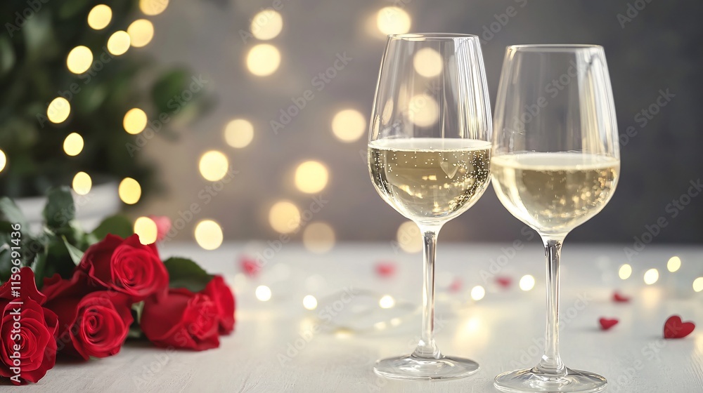 Two elegant glasses of sparkling wine beside red roses, surrounded by soft glowing lights, perfect for a romantic evening. Two elegant glasses of sparkling wine beside red roses, surrounded by soft glowing lights, perfect for a romantic evening.