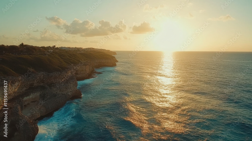 Obraz premium Vibrant Sunset Over Ocean and Cliffs