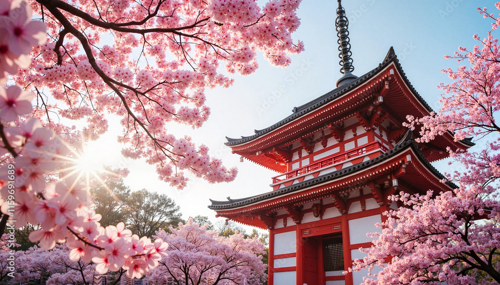 Cherry blossom trees surrounding traditional Japanese pagoda Cherry blossom trees surrounding traditional Japanese pagoda