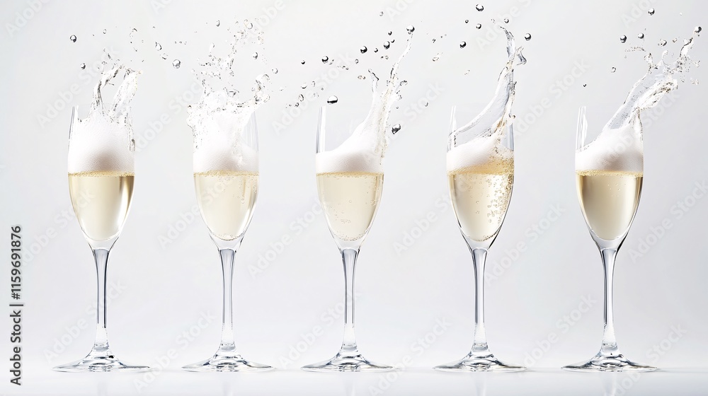 Five elegant champagne flutes with sparkling bubbles and splashes, representing celebration and luxury. Five elegant champagne flutes with sparkling bubbles and splashes, representing celebration and luxury.