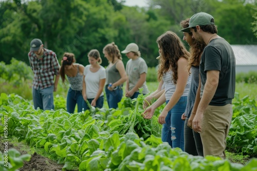 Group of adults learning about sustainable farming practices at an educational workshop in a lush garden setting during a cloudy day in summer photo