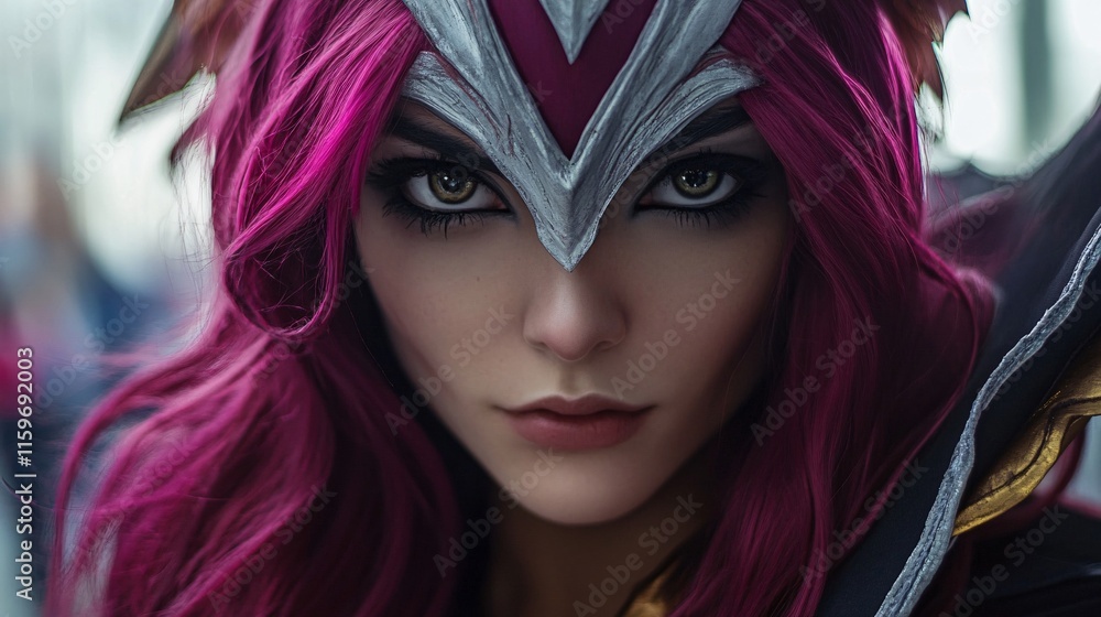 Fototapeta premium A fierce young woman with striking purple hair and intense eyes, embodying a powerful fantasy character.