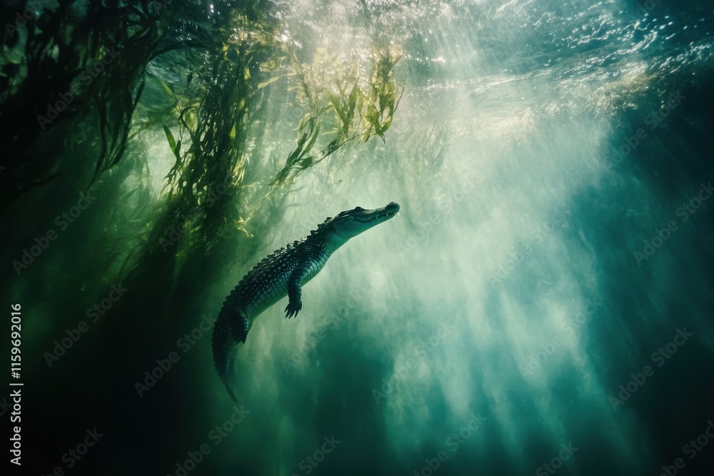 Fototapeta premium Underwater image captures hunting crocodile showcasing movement and agility