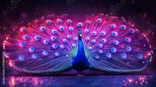 Majestic Peacock Displays Vibrant Plumage In Purple Light