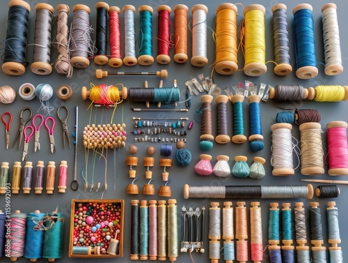 Beading, embroidery and quilting supplies on table. Handcrafted textiles in wooden spools. photo