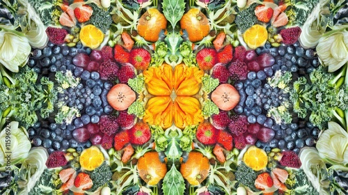 Fototapeta Naklejka Na Ścianę i Meble -  Kaleidoscopic image of fresh fruits and vegetables forming a vibrant symmetrical pattern.