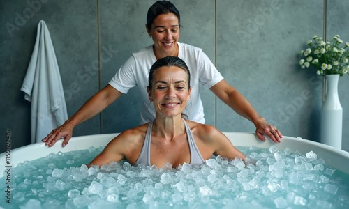 Video of woman in ice bath therapy assisted by a therapist, in a relaxing spa setting, with a towel and flowers in the background. Wellness concept. Ice bath pod concept