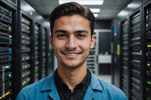 Close portrait of a smiling young Turkmen male IT worker looking at the camera, against dark server room blurred background. photo