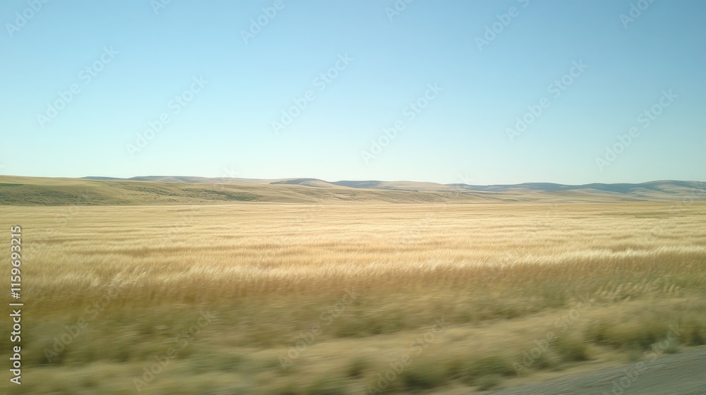 Golden Wheat Field Under Clear Blue Sky in Rural Landscape Golden Wheat Field Under Clear Blue Sky in Rural Landscape