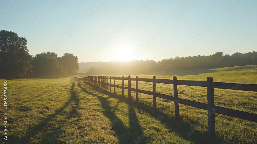 Serene Sunrise Over Lush Green Fields and Wooden Fence in Nature Serene Sunrise Over Lush Green Fields and Wooden Fence in Nature