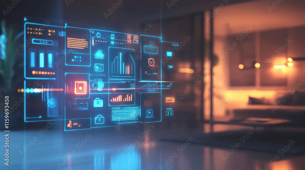 Smart home interface with data visualizations displayed in a modern living room. Smart home interface with data visualizations displayed in a modern living room.