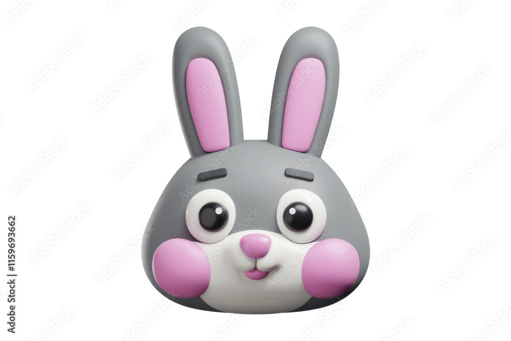 Adorable 3D rendered bunny face with pink ears and cheeks, expressing happiness. background removed Adorable 3D rendered bunny face with pink ears and cheeks, expressing happiness. background removed