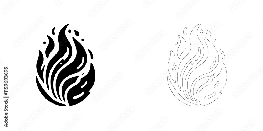Abstract Flame Logo Design: A minimalist flame graphic design with two variations: a black flame against a white background, and a white flame against a black background. Perfect for branding. Abstract Flame Logo Design: A minimalist flame graphic design with two variations: a black flame against a white background, and a white flame against a black background. Perfect for branding.