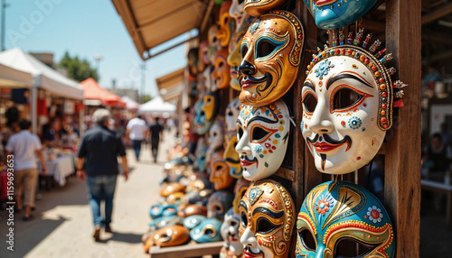 Colorful masks displayed at a vibrant market photo