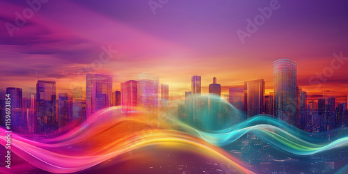 Colorful cityscape at sunset with abstract wave patterns
