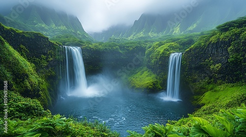 Twin Waterfalls Cascading into Lush Green Valley
