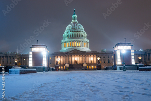 Washington D. C. in night winter snow. Capitol Building in night. Washington city Capitol. United States Capital. USA landmark. Washington D.C. Night Washington Capital city. photo