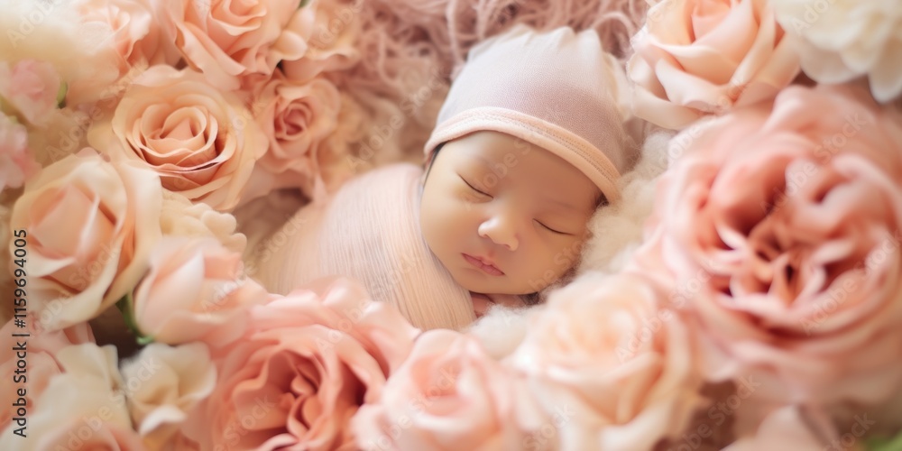 Fototapeta premium A tender photograph of a newborn baby nestled among pink roses, capturing a moment of serene beauty.