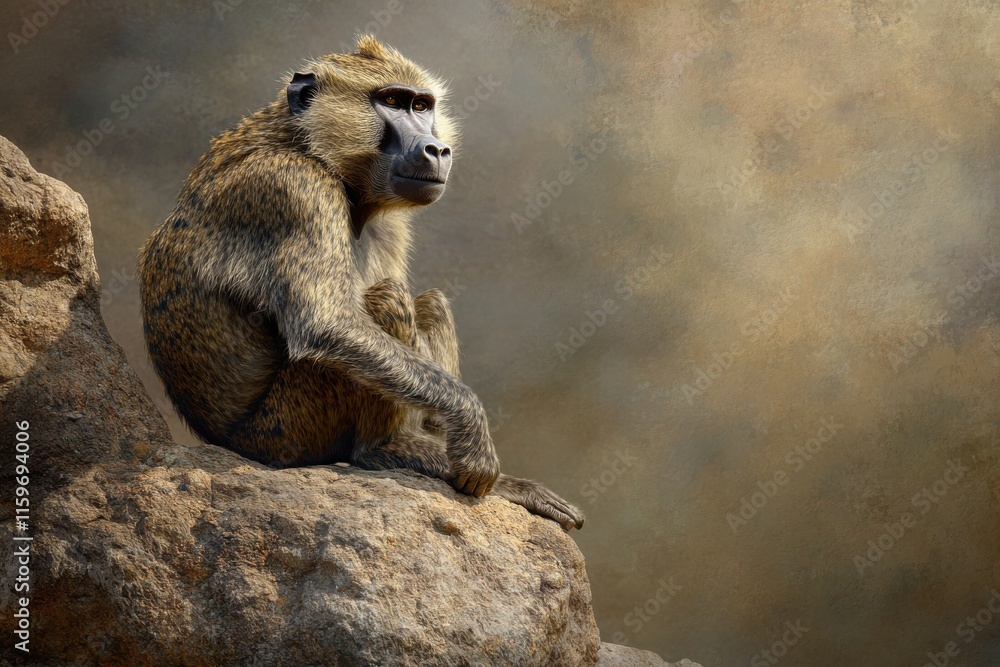 Obraz premium Detailed image Dominant male baboon on rocky outcrop under soft light