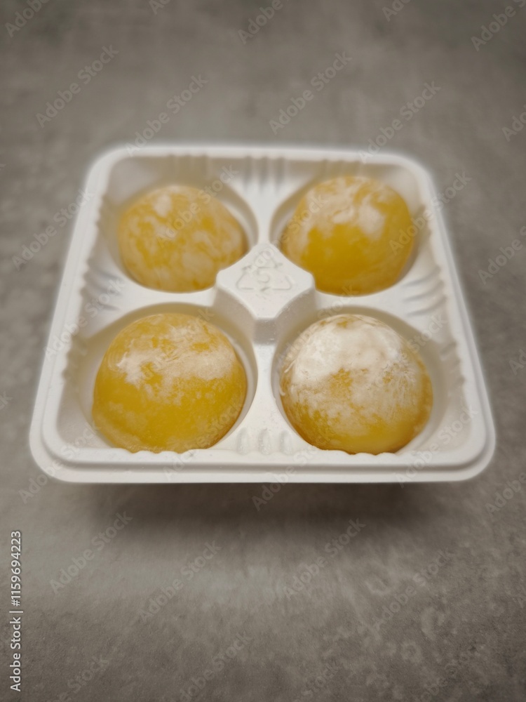 Four mango mochi waiting for christmas dessert