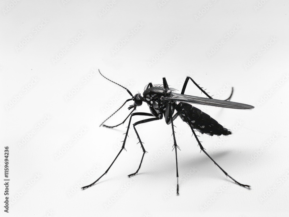 Black and white photo of a mosquito. The mosquito is standing on a white background. The photo has a moody and somewhat eerie feel to it Black and white photo of a mosquito. The mosquito is standing on a white background. The photo has a moody and somewhat eerie feel to it