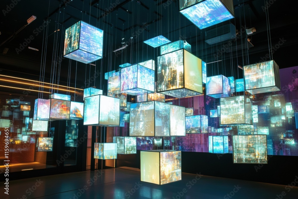 Floating abstract cubes displaying vibrant visuals and symbols in a dynamic interactive environment. Generative AI Floating abstract cubes displaying vibrant visuals and symbols in a dynamic interactive environment. Generative AI