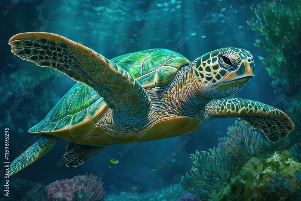 Fototapeta premium Vivid underwater image of a green sea turtle in action