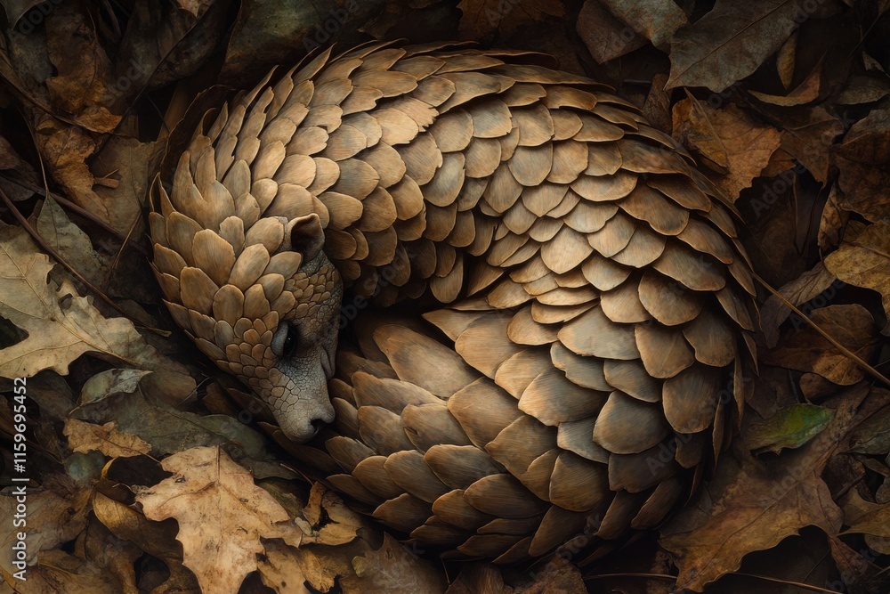 Photorealistic image of pangolin curled up detailed scales natural background Photorealistic image of pangolin curled up detailed scales natural background