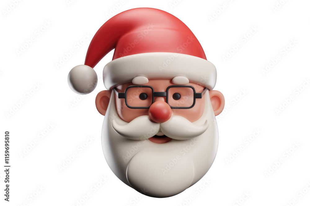 A cheerful 3D Santa Claus face with glasses, wearing a red hat and white beard. background removed A cheerful 3D Santa Claus face with glasses, wearing a red hat and white beard. background removed
