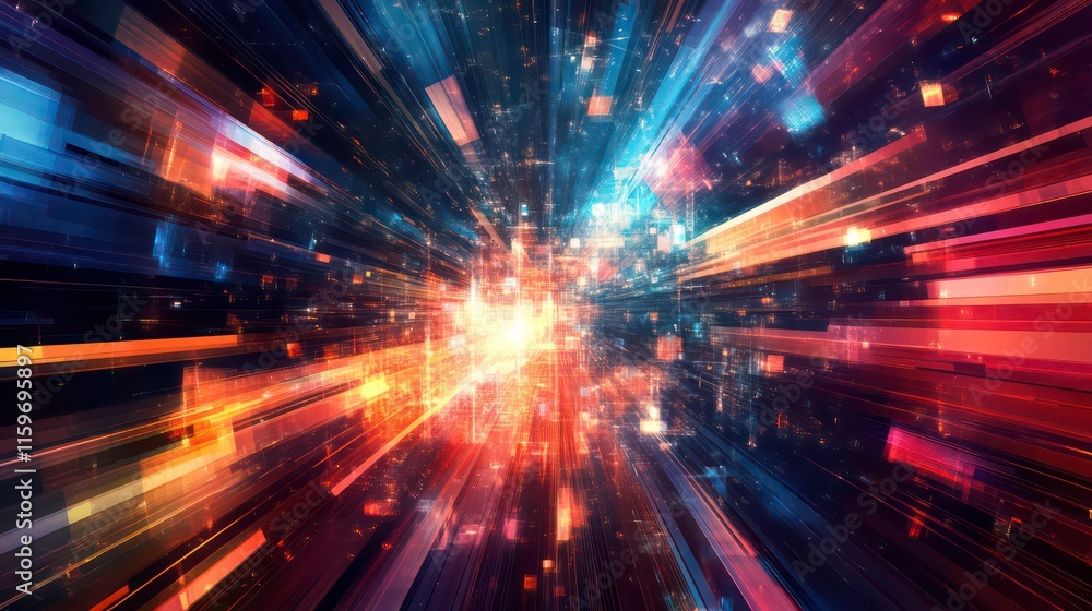 Abstract digital art depicting a vibrant, high-speed light streak effect, radiating outwards from a central point. Abstract digital art depicting a vibrant, high-speed light streak effect, radiating outwards from a central point.