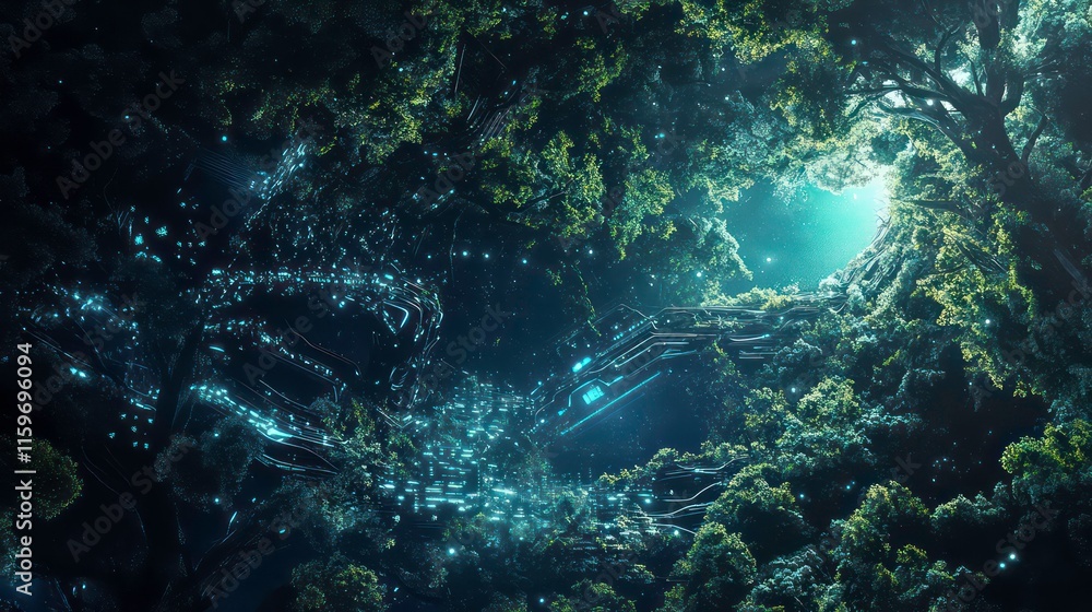Fototapeta premium Mystical forest scene with glowing particles and technological elements.