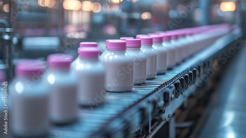 Production Line of Bottled Products in a Modern Factory Setting with Focus on Pink Lids and Soft Lighting in a Clean Industrial Environment