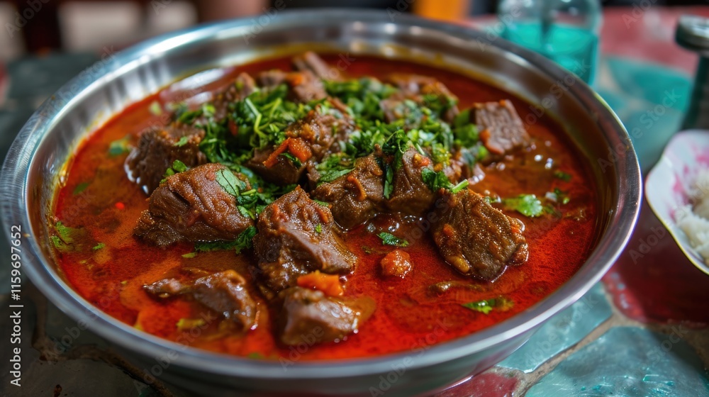 A hearty serving of lamb curry with green herbs, served on a wooden table. A hearty serving of lamb curry with green herbs, served on a wooden table.