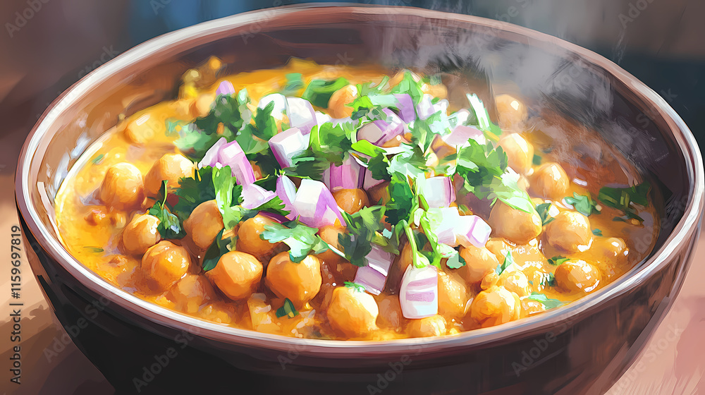 Steaming bowl of chickpea curry topped with red onion and parsley. Gossamered. Illustration Steaming bowl of chickpea curry topped with red onion and parsley. Gossamered. Illustration