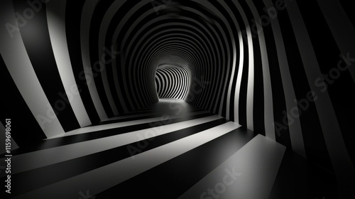 Fototapeta Naklejka Na Ścianę i Meble -  Abstract black and white striped tunnel leading to light.