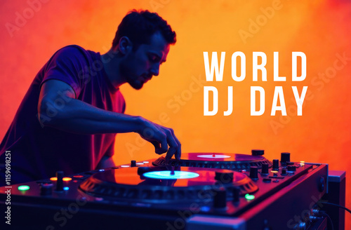 silhouette of dj mixing music on turntables with vibrant orange and blue background. world dj day event celebration. music festival design, poster, promotional material. photo