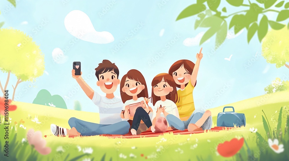 A joyful group of four friends enjoying a sunny picnic in the park, capturing memories with a smartphone. A joyful group of four friends enjoying a sunny picnic in the park, capturing memories with a smartphone.