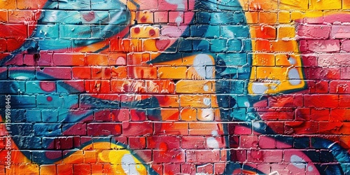 The image features a vibrant, colorful street mural painted on a red brick wall. The artwork showcases a blend of bold and vivid hues with abstract patterns that give it an energetic feel.