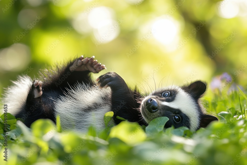 Naklejka premium Joyful skunk in sunny grassy setting vivid colors soft textures