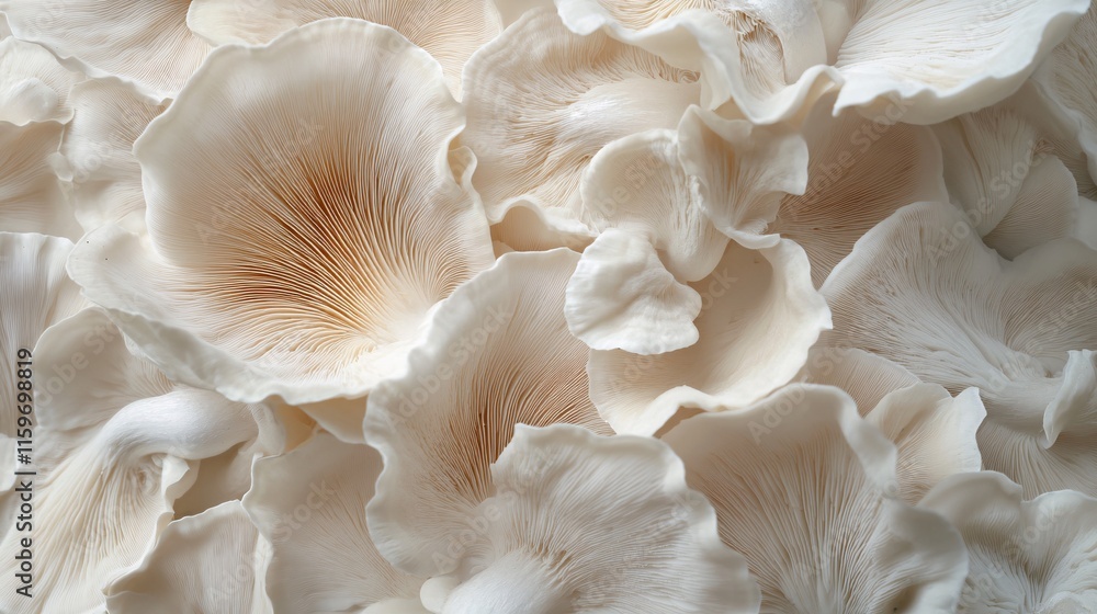 A close-up view of delicate white oyster mushrooms, showcasing their intricate gills and soft textures. A close-up view of delicate white oyster mushrooms, showcasing their intricate gills and soft textures.