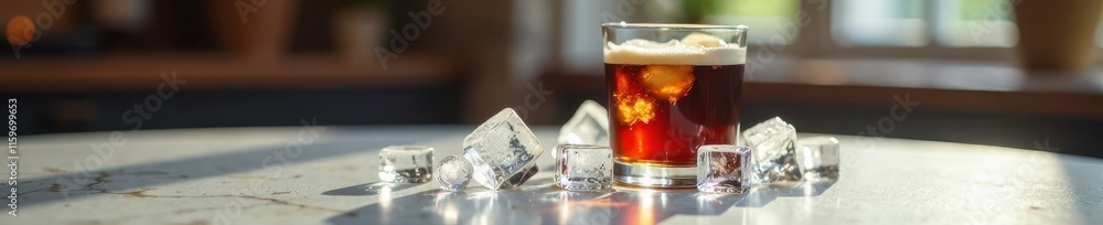 Glass of cold brew coffee on marble table, surrounded by ice cubes , cold brew coffee, home brew, ice cubes Glass of cold brew coffee on marble table, surrounded by ice cubes , cold brew coffee, home brew, ice cubes
